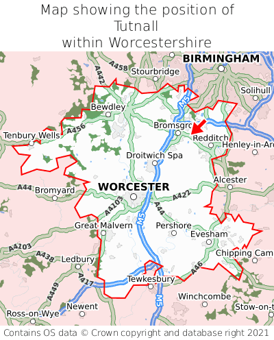 Map showing location of Tutnall within Worcestershire
