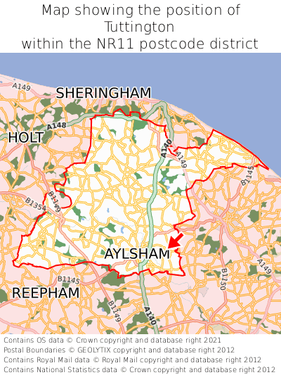 Map showing location of Tuttington within NR11