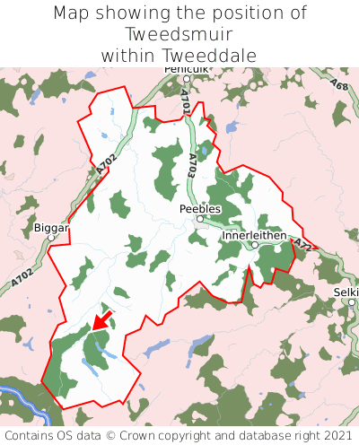 Map showing location of Tweedsmuir within Tweeddale