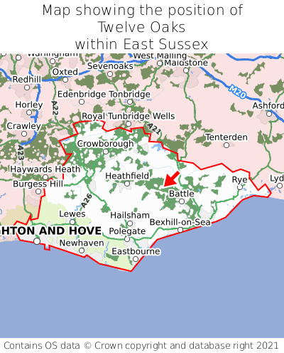 Map showing location of Twelve Oaks within East Sussex