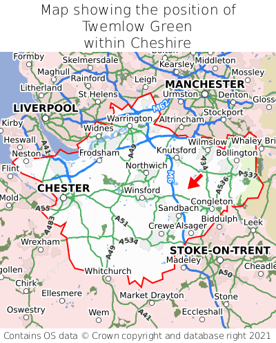 Map showing location of Twemlow Green within Cheshire