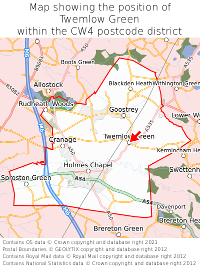 Map showing location of Twemlow Green within CW4