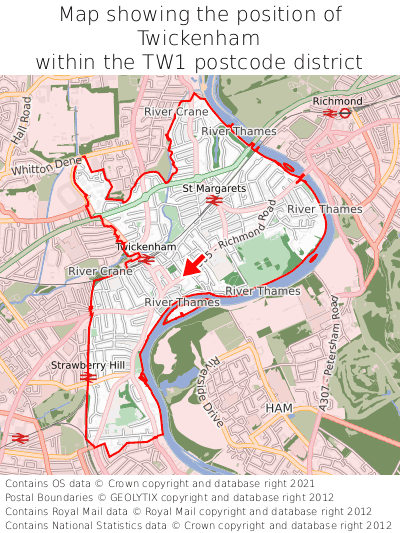 Map showing location of Twickenham within TW1