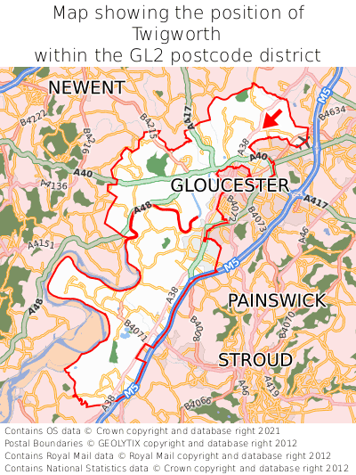 Map showing location of Twigworth within GL2