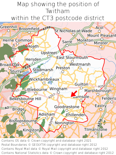 Map showing location of Twitham within CT3