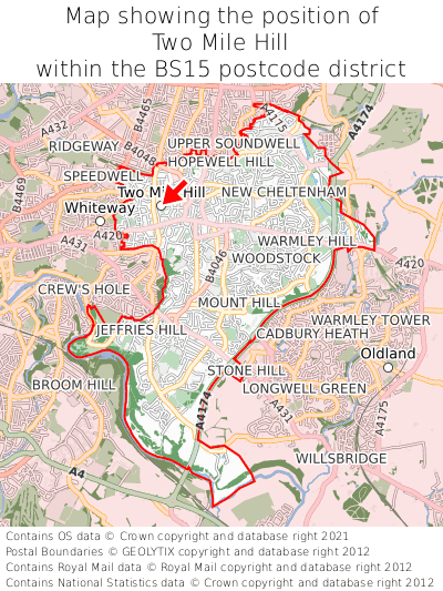 Map showing location of Two Mile Hill within BS15