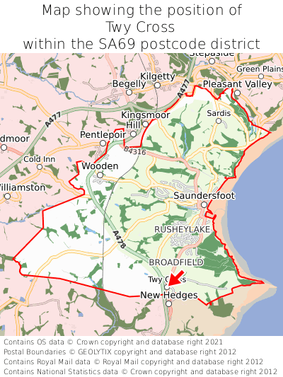 Map showing location of Twy Cross within SA69