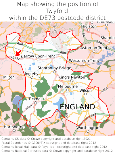 Map showing location of Twyford within DE73