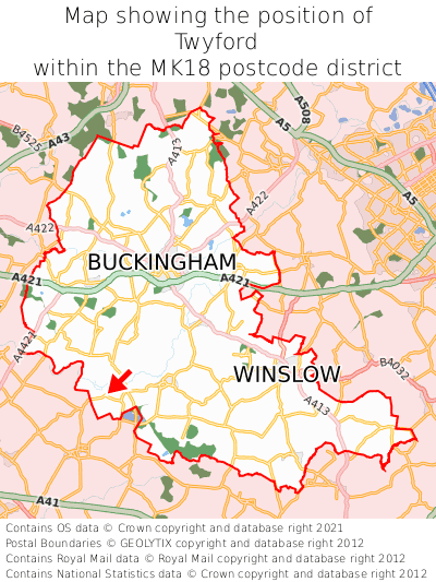 Map showing location of Twyford within MK18