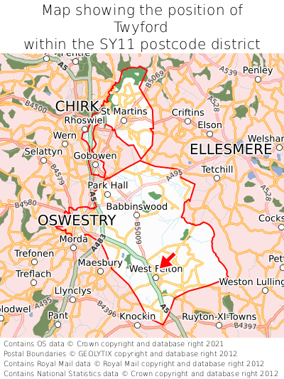 Map showing location of Twyford within SY11