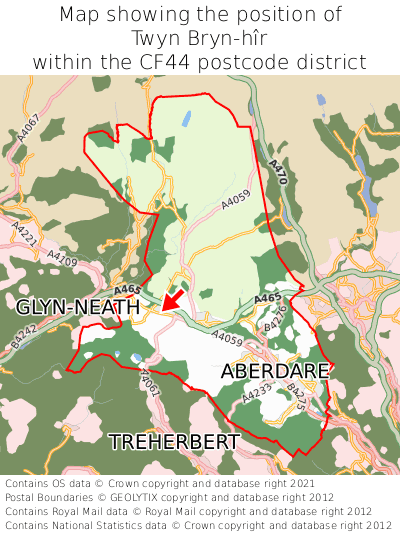 Map showing location of Twyn Bryn-hîr within CF44