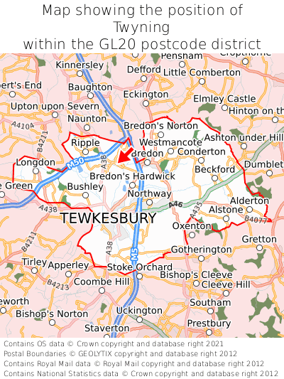 Map showing location of Twyning within GL20