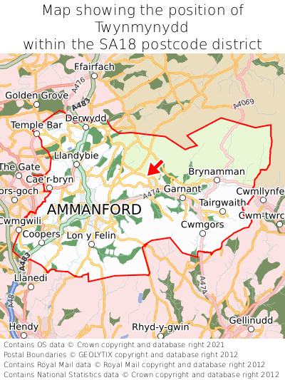 Map showing location of Twynmynydd within SA18