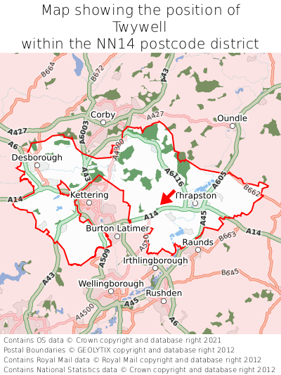 Map showing location of Twywell within NN14