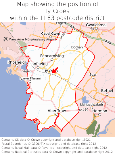 Map showing location of Ty Croes within LL63