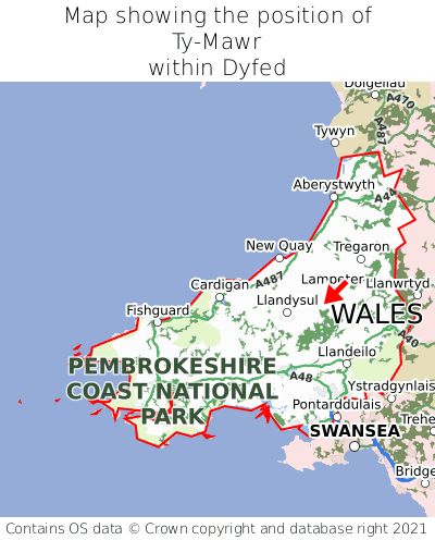 Map showing location of Ty-Mawr within Dyfed