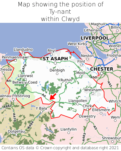 Map showing location of Ty-nant within Clwyd
