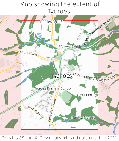 Map showing extent of Tycroes as bounding box