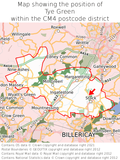 Map showing location of Tye Green within CM4