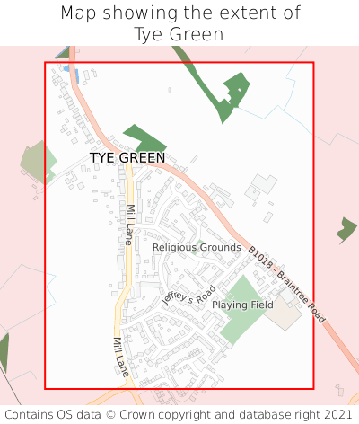 Map showing extent of Tye Green as bounding box