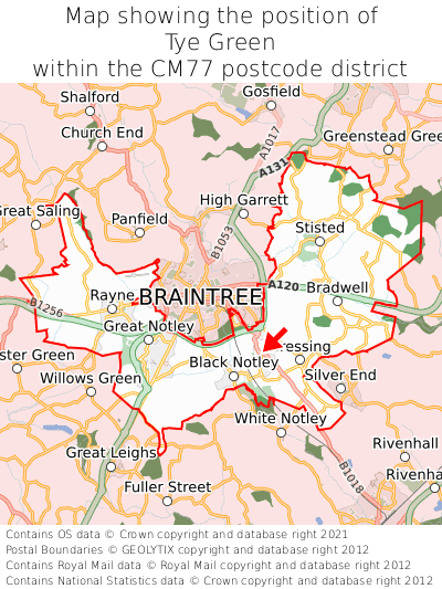 Map showing location of Tye Green within CM77