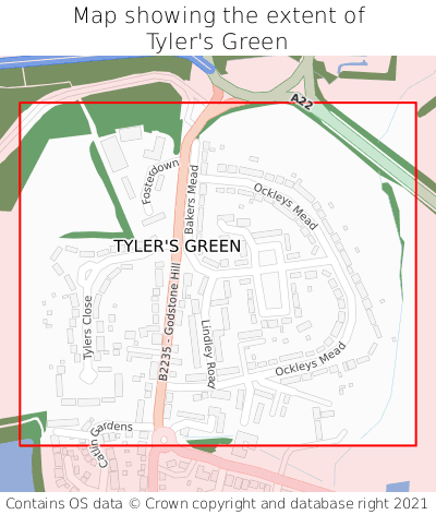 Map showing extent of Tyler's Green as bounding box