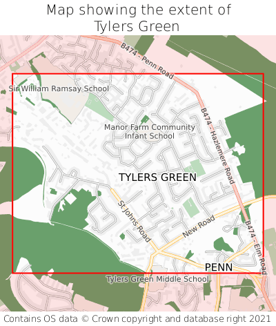 Map showing extent of Tylers Green as bounding box