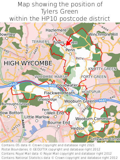 Map showing location of Tylers Green within HP10