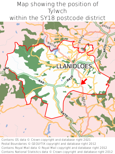 Map showing location of Tylwch within SY18
