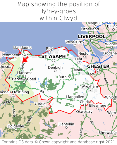 Map showing location of Ty'n-y-groes within Clwyd