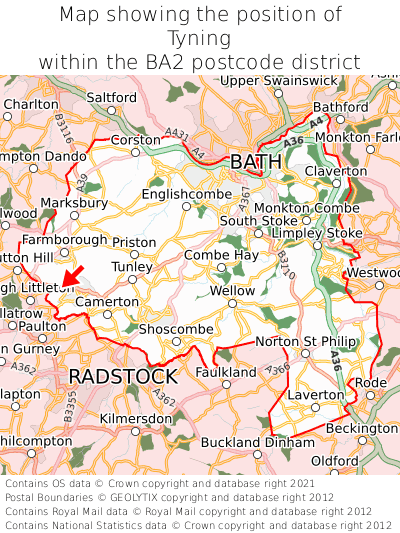 Map showing location of Tyning within BA2