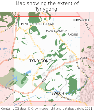 Map showing extent of Tynygongl as bounding box
