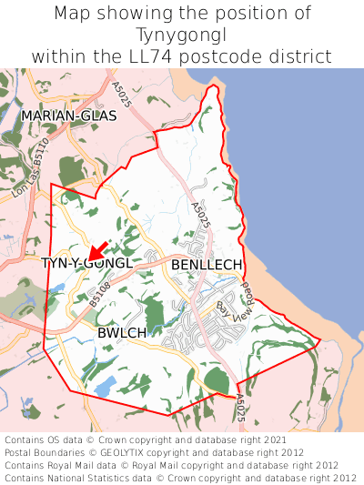 Map showing location of Tynygongl within LL74