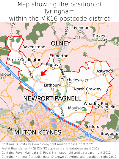 Map showing location of Tyringham within MK16