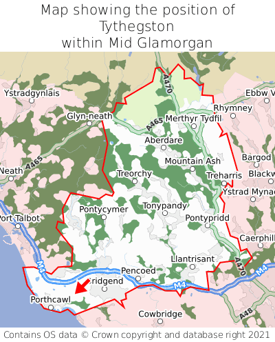 Map showing location of Tythegston within Mid Glamorgan