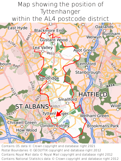 Map showing location of Tyttenhanger within AL4