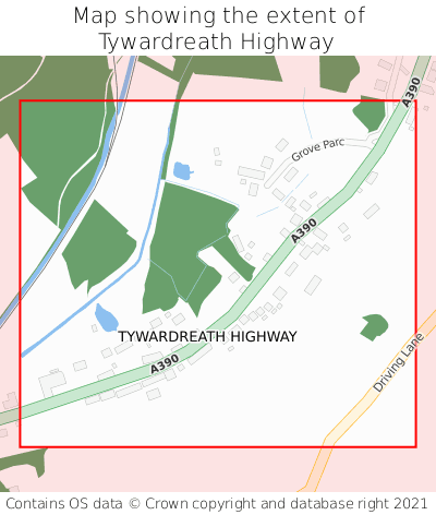 Map showing extent of Tywardreath Highway as bounding box