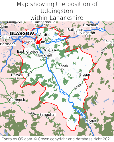 Map showing location of Uddingston within Lanarkshire