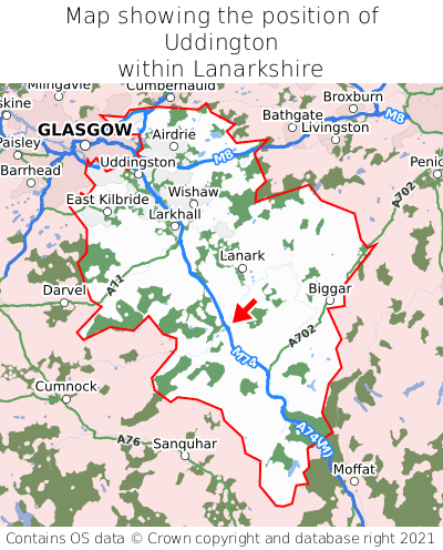 Map showing location of Uddington within Lanarkshire