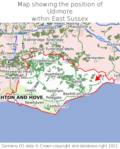 Map showing location of Udimore within East Sussex