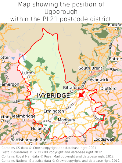 Map showing location of Ugborough within PL21