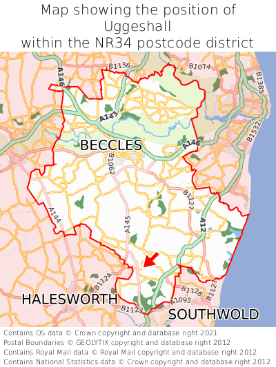 Map showing location of Uggeshall within NR34