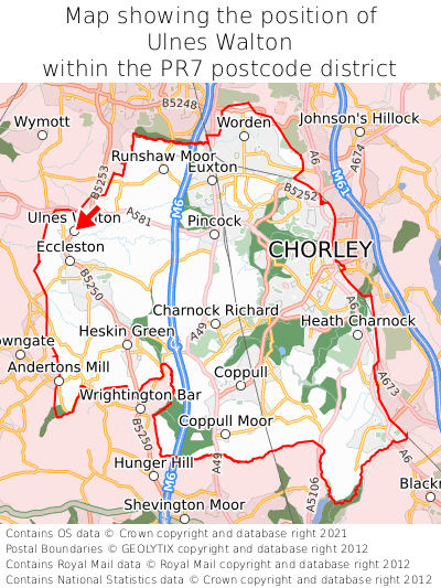 Map showing location of Ulnes Walton within PR7