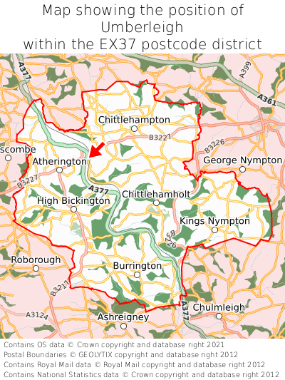 Map showing location of Umberleigh within EX37