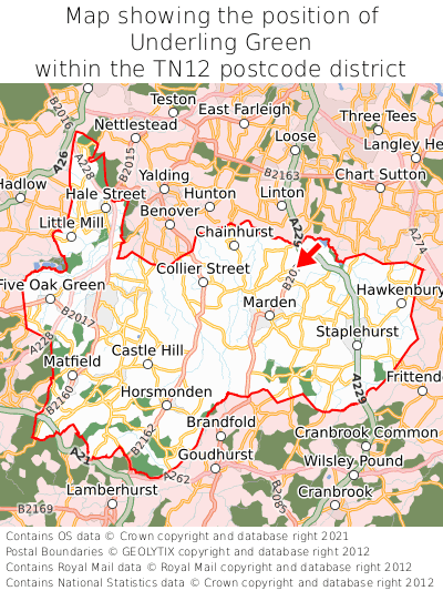 Map showing location of Underling Green within TN12