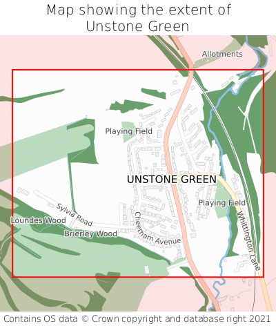 Map showing extent of Unstone Green as bounding box