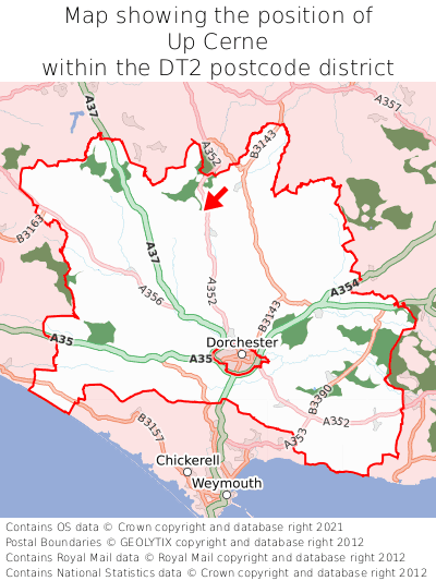 Map showing location of Up Cerne within DT2
