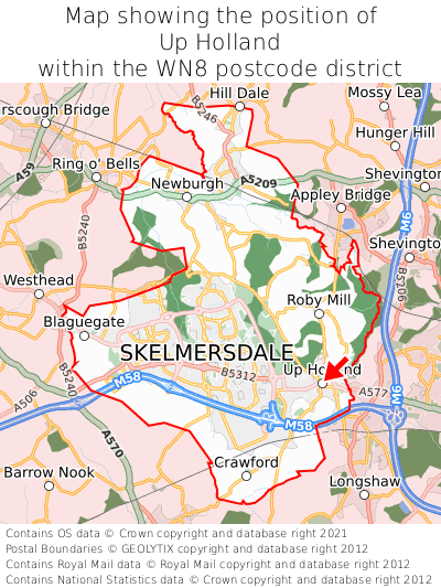 Map showing location of Up Holland within WN8