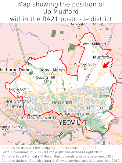 Map showing location of Up Mudford within BA21