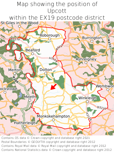 Map showing location of Upcott within EX19